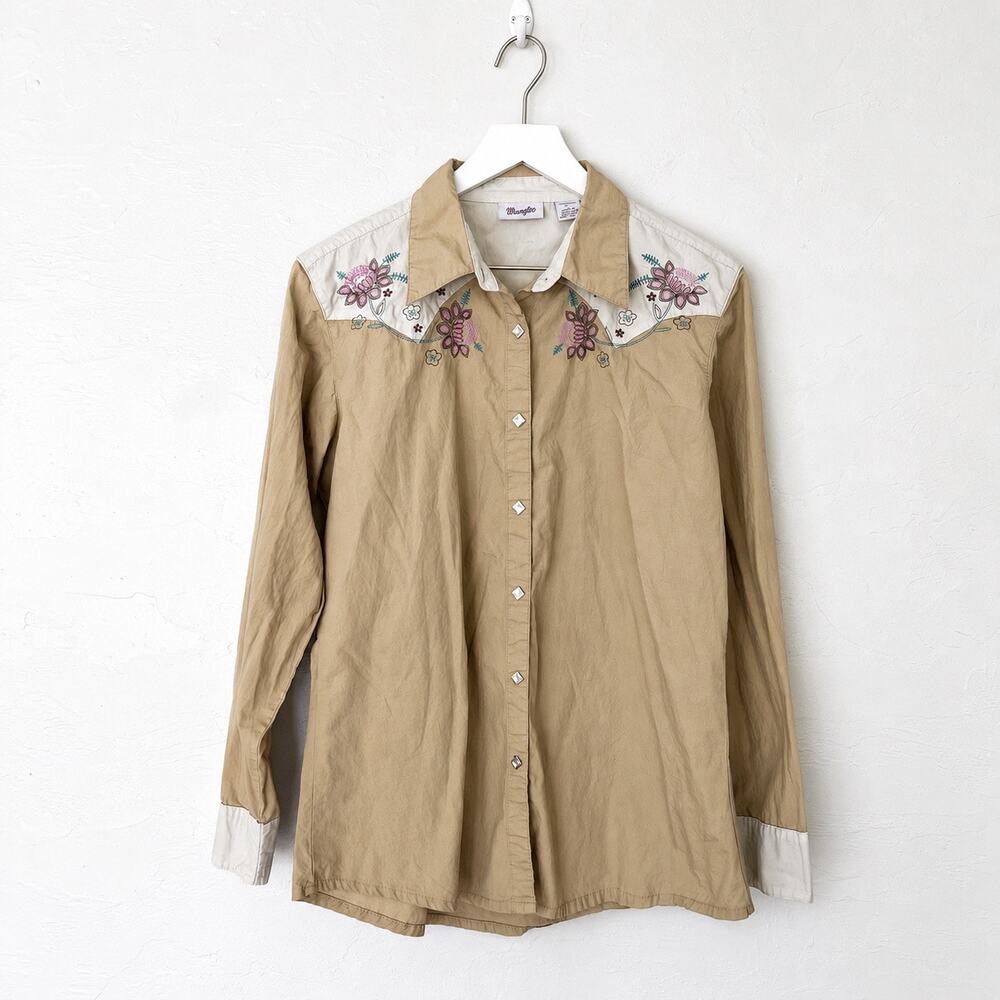 Wrangler Tan Floral Embroidered Western Pearl Snap Shirt 100% Cotton